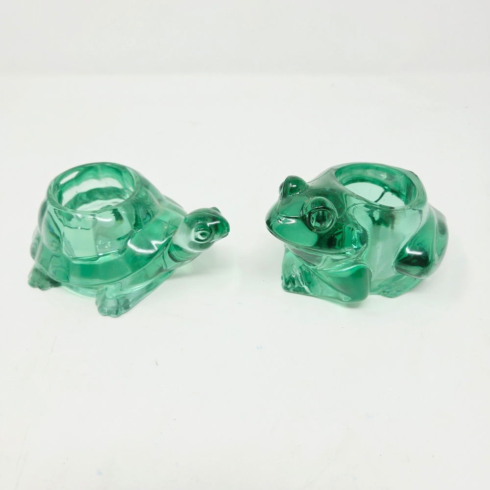 Vintage Green Glass Turtle and Frog Votive Candle Holder Set Whimsical Decor